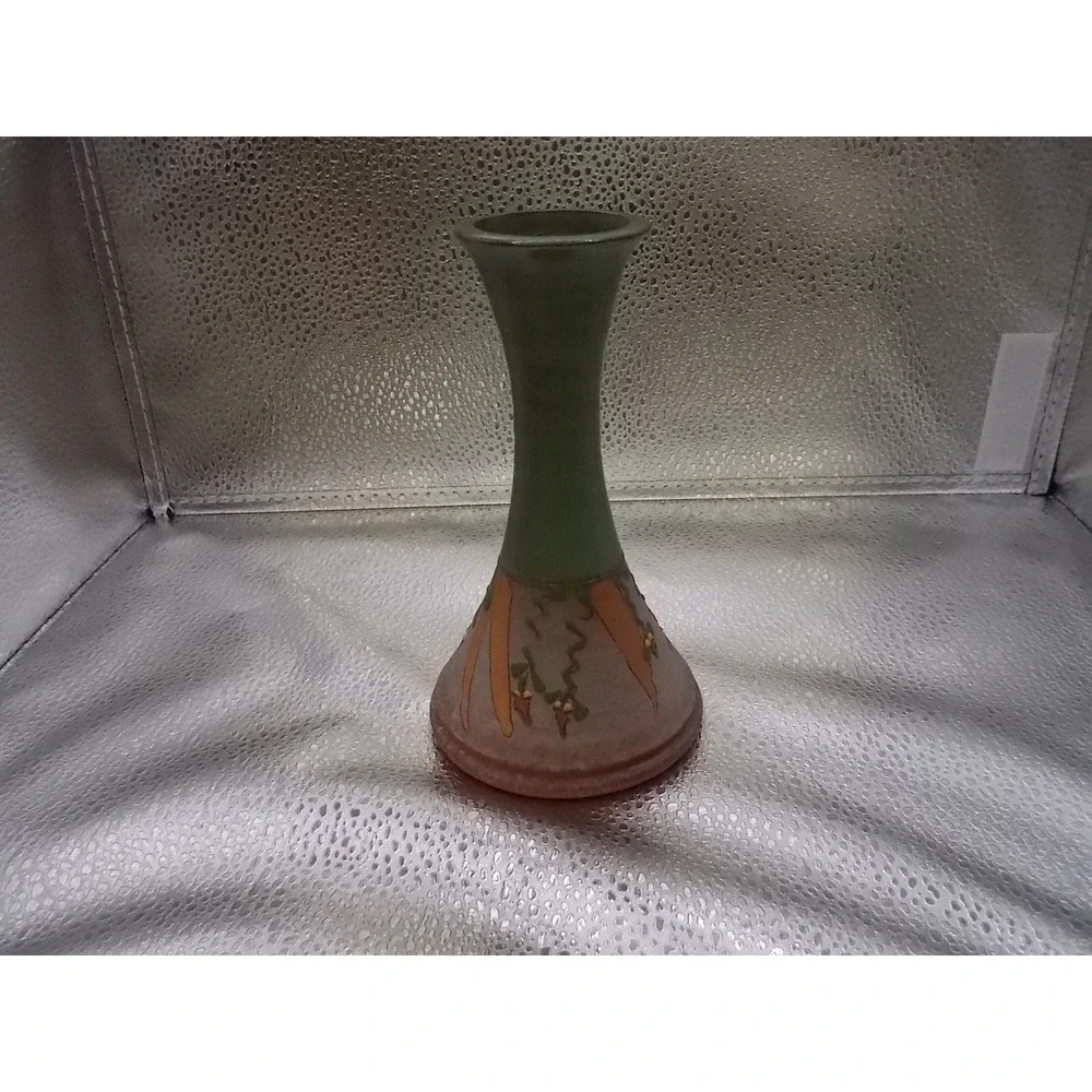 Artisan Studio Pottery Bud Vase Green Tan Matte Glaze Hand Painted Botanical